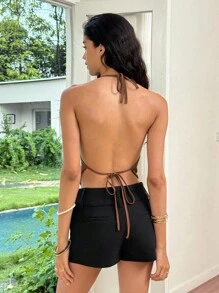 Rafferiza Áo crop top hở lưng hở lưng cổ chữ V gợi cảm cho nữ - màu nâu - Xem 2