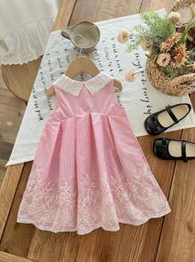 SHEIN LMoss Kids 女婴可爱休闲夏季条纹刺绣彼得潘领连衣裙 - 粉色 - 查看 2
