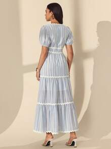 Almamuse Robe élégante femme à encolure cache-cœur, manches bouffantes, blocs de couleurs, avec ceinture à nouer, style vacances d'été