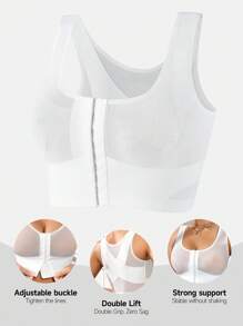 SHEIN Camiseta de mujer de unicolor con parches de malla transparente y abotonamiento delantero - Blanco - Ver 5