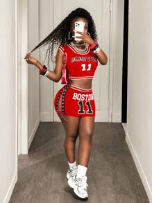 BamGleam Summer Sexy Letter Print Cropped Tank Top & Criss-Cross Strap Mini Skirt Set