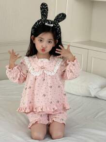 DAZY 2pcs/Set Small Girls Allover Ditsy Floral Long Sleeve Top And Shorts Loungewear Summer Outfit - Pink - View 1