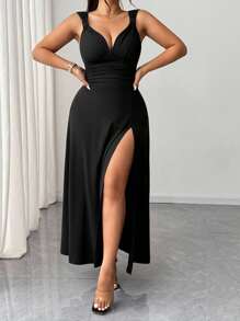 Elenzga Plus Size Women's Solid Color Twist Knot V-Neck High Slit Stretchy Party Dress, Fashionable Design Versatile Style, 2025 New Arrival