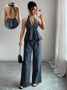 Elenzga 女式夏季条纹荷叶边下摆露背上衣和休闲裤两件套 - 寶藍色 - 查看 4