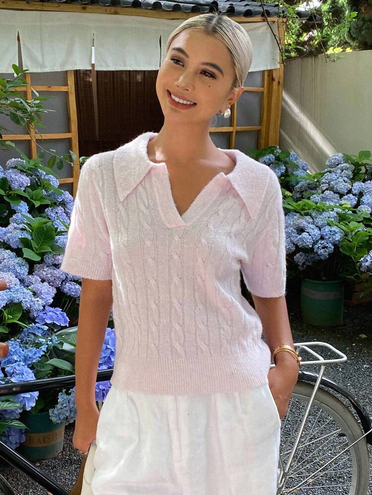 Ladies V-Neck Short-Sleeved Small Lapel Casual Knitted Top