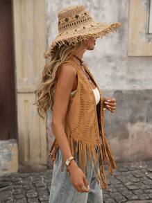 Brillora Spring Boho Hollow Out Fringe Hem Open Front Vest Jacket In Fall/Winter