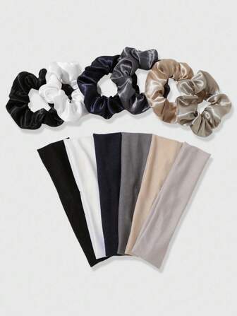 Kawaii 12pcs Girls Simple Solid Color Headbands + Hair Ties Set, Suitable For Daily Life, Campus & Sports