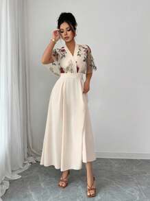 Rafferiza Women's Elegant Floral Embroidered Half Sleeve Apricot Maxi Dress A Stunning V-Neck Flared Hem Dress For Photoshoots And Special Occasions - Apricot - View 5