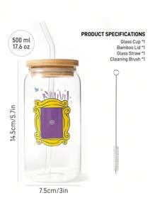 FRIENDS X SHEIN 1 pieza Vaso de vidrio de 500ml/17.6oz con diseño gráfico de café (incluye cepillo de limpieza para la pajita). Puede usarse para bebidas frías y calientes, tazas de café, tazas de leche, tazas de jugo, con marco morado