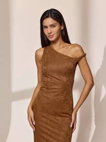Almamuse Elegant knutstrukturerad jacquardklänning för kvinnor - Brun - Visa 6