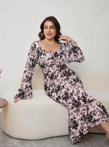 Modelyn Vestido elegante con efecto de sirena, apretado, con encaje y mangas acampanadas, para tallas grandes, para primavera/verano - Rosa - Ver 4