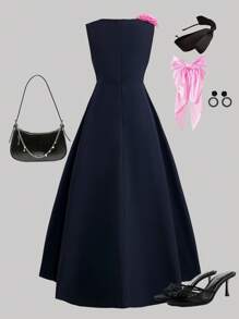 Vestido elegante de vuelo con decoración floral 3D, bajo con volantes y sin mangas. Para adolescentes y mujeres de talla pequeña, vestido de cóctel para fiestas de verano - Negro - Ver 2