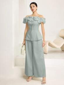 Heiryn 2 件套女士夏季纯色荷叶边露肩上衣和阔腿裤优雅套装 - 藍色 - 查看 4