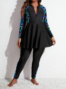Swim Mulvari Bộ đồ bơi Burkini 2 mảnh size lớn, áo dài tay casual và quần legging cho kỳ nghỉ bãi biển mùa hè - màu đen - Xem 3