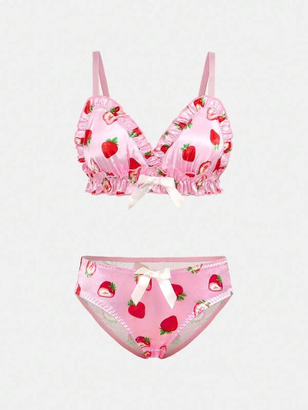 NotGurli Set de 2 piezas Sujetador triangular con borde con volantes con estampado de fresa, ropa interior dulce y linda para niñas adolescentes