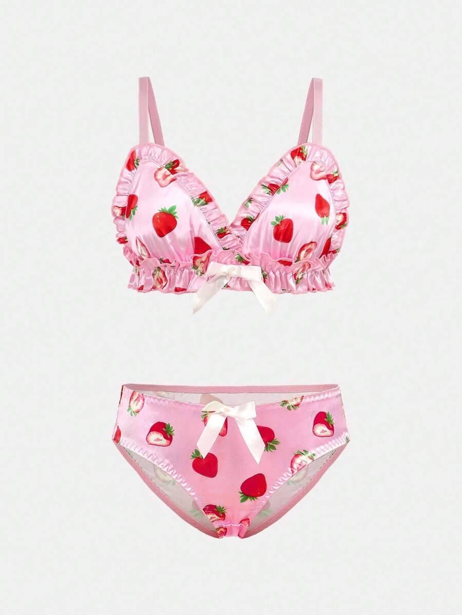 2pcs Set Strawberry Print Ruffled Edged Triangle Cup Bra Cute Sweet Underwear For Teen Girls