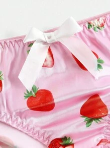 2pcs Set Strawberry Print Ruffled Edged Triangle Cup Bra Cute Sweet Underwear For Teen Girls
