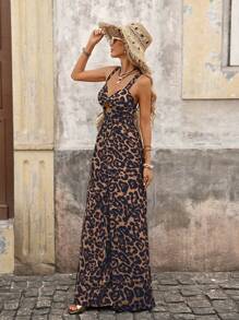 Brillora 度假雪纺豹纹前镂空设计宽松吊带女式连体裤，波西米亚风格 - 彩色 - 查看 6