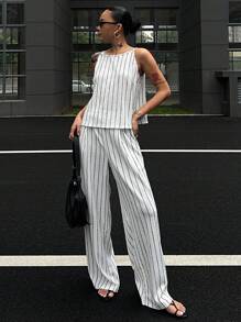 DAZY 女式夏季条纹细肩带背心和休闲长裤两件套 - 白色 - 查看 4