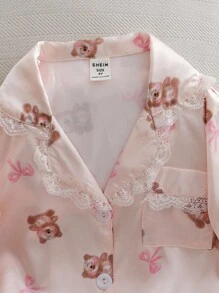 Back To School Fashion3pcs Girls Cute Cartoon Bear Print Short Sleeve Top, Shorts And Long Pants Pajama Set Girls Pajama Set Teddy Bear Pajama Set Silk Pajama Set - Pink - View 3