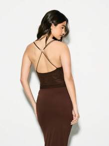 KIZN Plunge Mesh Cami Crop Top With Cross Back Shell Detail - Brown - View 2