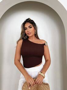 Xyvia 女士时尚金属装饰不对称衬衫，夏季 - 咖啡棕 - 查看 5