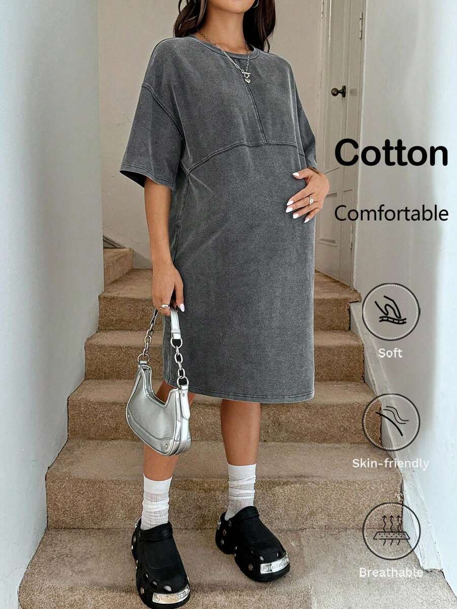 SHEIN Maternity Solid Color Drop Shoulder Round Neck Distressed Casual Summer Dress Y2k Clothes - Black - View 1