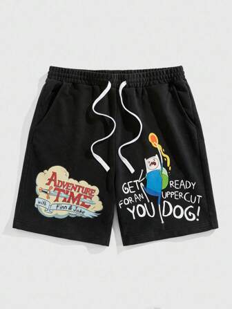 Adventure Time X ROMWE Pantalones cortos holgados con cintura con cordón, lavados, con estampado de letras y dibujos animados para hombres
