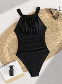 Swim Lushoire 1pc Solid Color Ruched Tummy Control One-Piece Swimsuit For Women For Summer Beach Vacation - Black - View 3