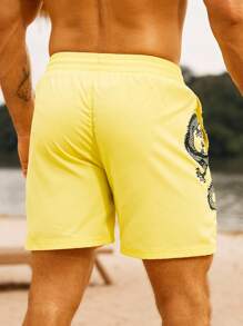 Surfspeed Men's Summer Chinese Dragon Print Drawstring Waist Beach Shorts - Yellow - View 2