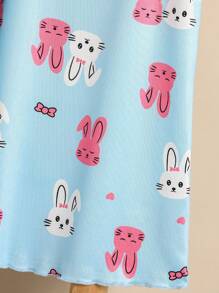 Set de 2 piezas de pijamas de vestido de camisola tejida con estampado de conejitos cómodo y lindo en blanco y rosa para niñas
