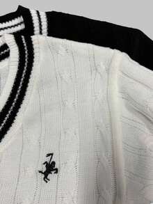 Franclia Halloween V-Neck Contrast Color Horse Embroidery Pullover Sweater, Multi-Color Set Fall Winter Cloth For Women - Black and White - View 7