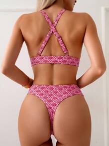 Swim Vcay 女式 V 领交叉后背带印花两件套比基尼套装，夏季新品