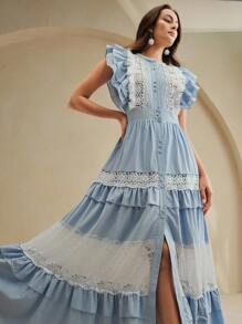 Anewsta Light Blue Elegant Summer Ruffle Sleeve Long Maxi Cardigan Dress