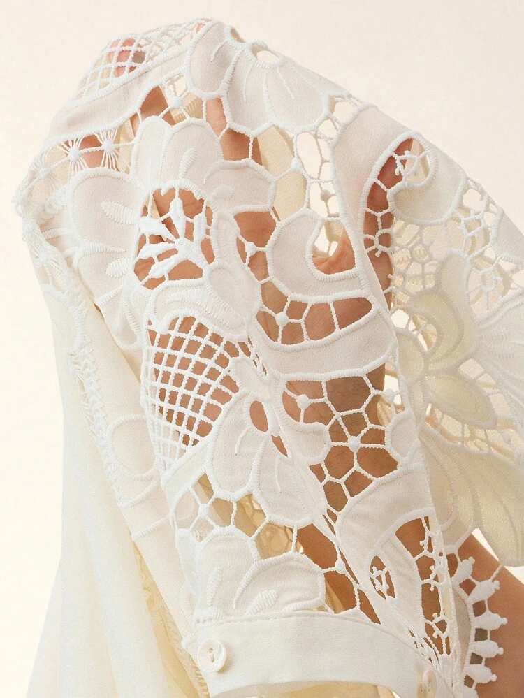 Plus Size Premium Elegant Women's Embroidered Lace Short Sleeve Shirt Top And Wide-Leg Pants Set
