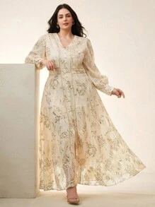 Anewsta Women's Elegant Vacation V-Neck Long Sleeve Hollow Dress With Sequin Texture - Apricot - View 5