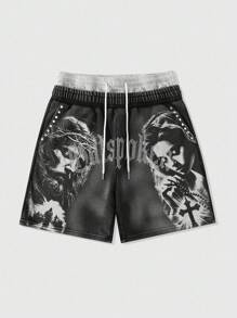 ROMWE MEN Street Life Men's Distressed Double Waistband Religious Character Rhinestone Print Washed Casual Shorts - Black - View 1