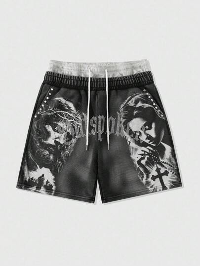 Goth Short décontracté pour hommes avec double taille et imprimé de strass, lavé