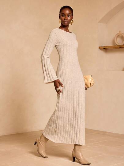 Zivah Vestido largo acampanado de manga larga con espalda descubierta, de color avena básico minimalista, para mujer, estilo occidental, nómada, para fiesta de cumpleaños, graduación, uso casual diario, vacaciones, crucero, moda callejera, otoño e invierno 2025