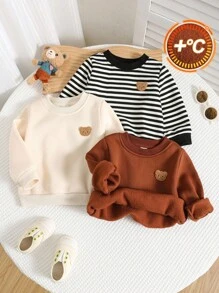 SHEIN 3 件套男婴/女婴卡通图案条纹纯色长袖运动衫套装，百搭适合秋冬季外出 - 彩色 - 查看 6