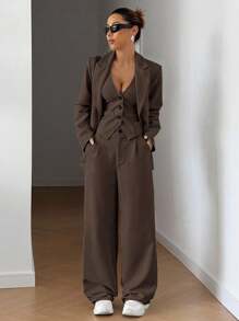 LYSMO 3 件套女士棕色镂空领长袖休闲西装外套、背心和裤子 - 棕色 - 查看 5