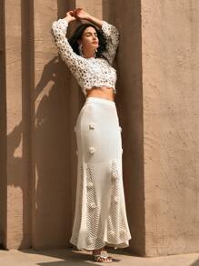 Anewsta Romantic Embroidered 3D Floral Openwork Knitted Skirt, Suitable For Holiday & Travel, Spring/Summer - White - View 3