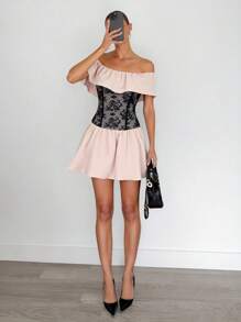 SHEIN Essnce Women's One-Shoulder Lace Splicing Ruffle Waisted A-Shape Mini Dresses,Pink Floral,Summer,Elegant,Birthday Party,Wedding Guest,Beach Vacation Outfits - Apricot - View 4