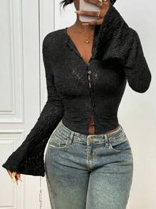 Slaydiva Women's Black Lace Sheer Flare Sleeve Cardigan,Elegant 2025 Summer Autumn New Collection,Suitable For Brunch,Music Festivals,Everyday Wear,Dates - Black - View 3