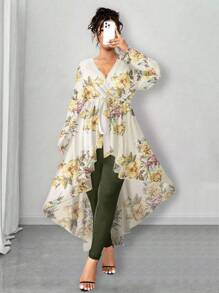 Elenzga Set de 2 piezas para mujer talla grande: Blusa de manga larga con escote en V y cinturón con estampado floral de gasa y leggings ajustados