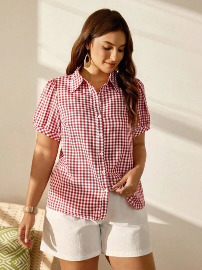 EMERY ROSE Camicia casual da donna estiva con maniche a palloncino e motivo a griglia, ideale per capi d'abbigliamento per il Capodanno, taglia comoda