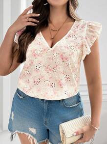 SHEIN Clasi Blusa de mujer talla grande con cuello en V, bordado y estampado, manga corta, atuendos de verano para mujer, atuendos de vacaciones para mujer, ropa de verano para mujer, blusas para salir, blusas de verano lindas