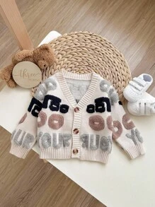 SHEIN Baby Boy/Girl Apricot Minimalist Letter Pattern Soft Knit V-Neck Long Sleeve Cardigan Sweater, Casual Warm Style Suitable For Home And Outdoor Wear, Autumn/Winter - Apricot - View 3
