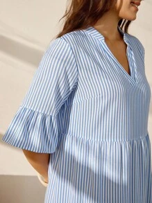 Nubod Plus Size Striped Simple Pleated Design Dress For Women - Blue - View 3