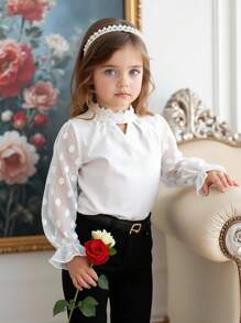 Young Girls White Long Sleeve Polka Dot Mesh Soft Comfortable Ruffled Collar Blouse Casual Daily Wear, Spring Autumn Back To School Look Fall Winter - White - View 4